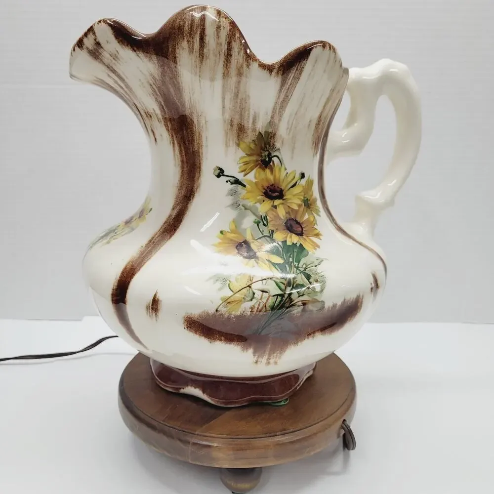 Vtg Table Lamp Water Pitcher Hand Painter Sunflowers Ceramic Wood Base 13